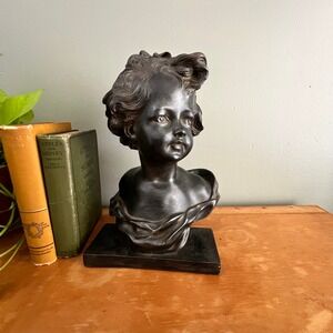 Resin Child Bust Sculpture In  Bronze Style Vintage Home Decor 15 Inch